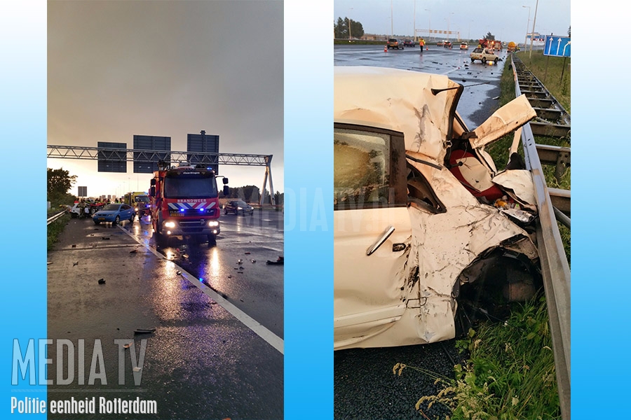 Veel schade bij aanrijding tussen tankwagen en personenauto snelweg A4 Pernis