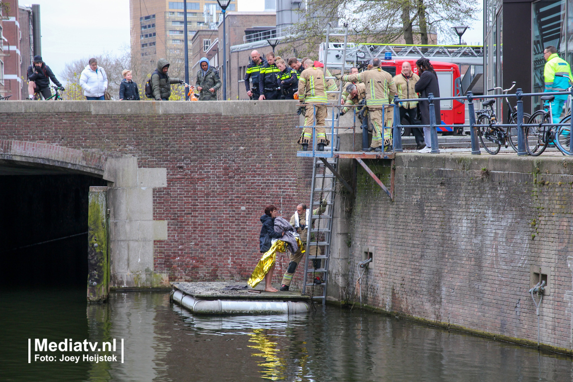 Hond te water in centrum Rotterdam : baasje springt erachteraan
