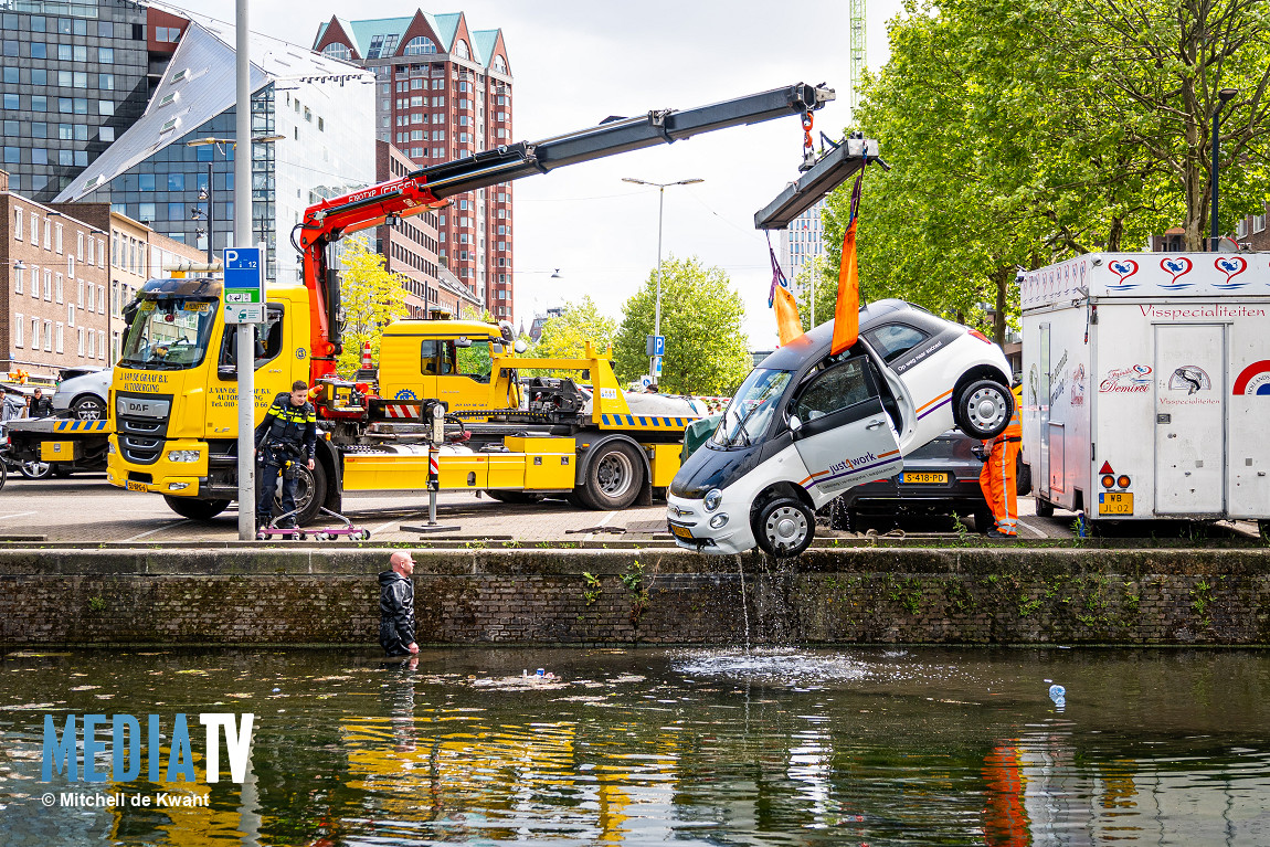 Geparkeerde auto raakt te water Lombardkade Rotterdam